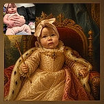A wide-eyed baby in a giant pink bow sits like the tiniest fashion icon, comfortably supported by an adult’s arms on a black couch. The serious expression says, “I have reviewed your outfit and approve.”