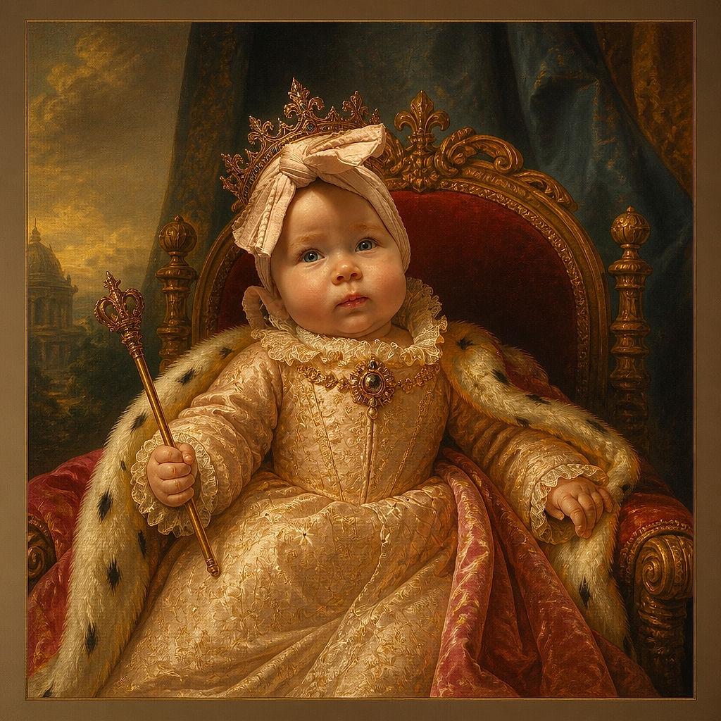 A wide-eyed baby in a giant pink bow sits like the tiniest fashion icon, comfortably supported by an adult’s arms on a black couch. The serious expression says, “I have reviewed your outfit and approve.”