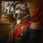 A serious-looking gray and white dog wearing a blue harness sits attentively on a patch of green grass, basking in the sunlight with a slightly furrowed brow as if plotting its next adventure.