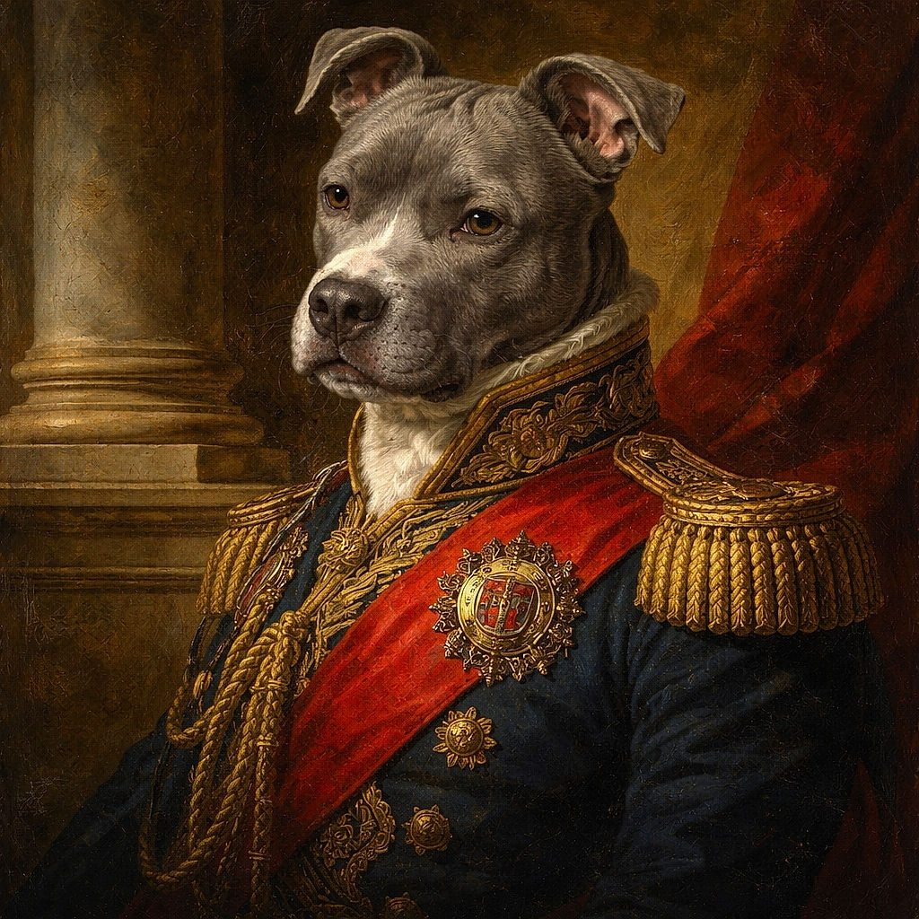 A serious-looking gray and white dog wearing a blue harness sits attentively on a patch of green grass, basking in the sunlight with a slightly furrowed brow as if plotting its next adventure.