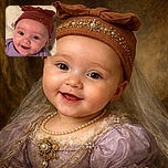 A close-up of an adorable baby wearing a cute rust-colored hat with a bow, smiling brightly while dressed in a lavender outfit, set against a soft patterned background.