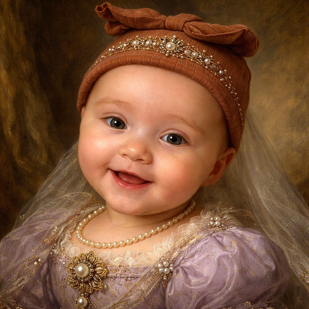 A close-up of an adorable baby wearing a cute rust-colored hat with a bow, smiling brightly while dressed in a lavender outfit, set against a soft patterned background.