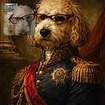 A fluffy curly-haired dog is lounging comfortably while wearing oversized glasses, giving off a scholarly vibe in a cozy indoor setting with a lamp and furniture in the background.