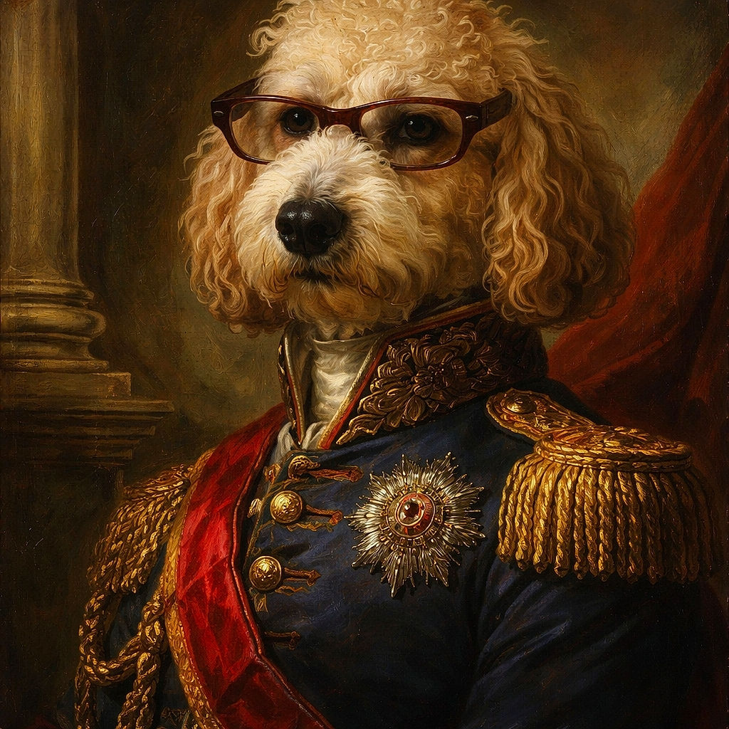 A fluffy curly-haired dog is lounging comfortably while wearing oversized glasses, giving off a scholarly vibe in a cozy indoor setting with a lamp and furniture in the background.