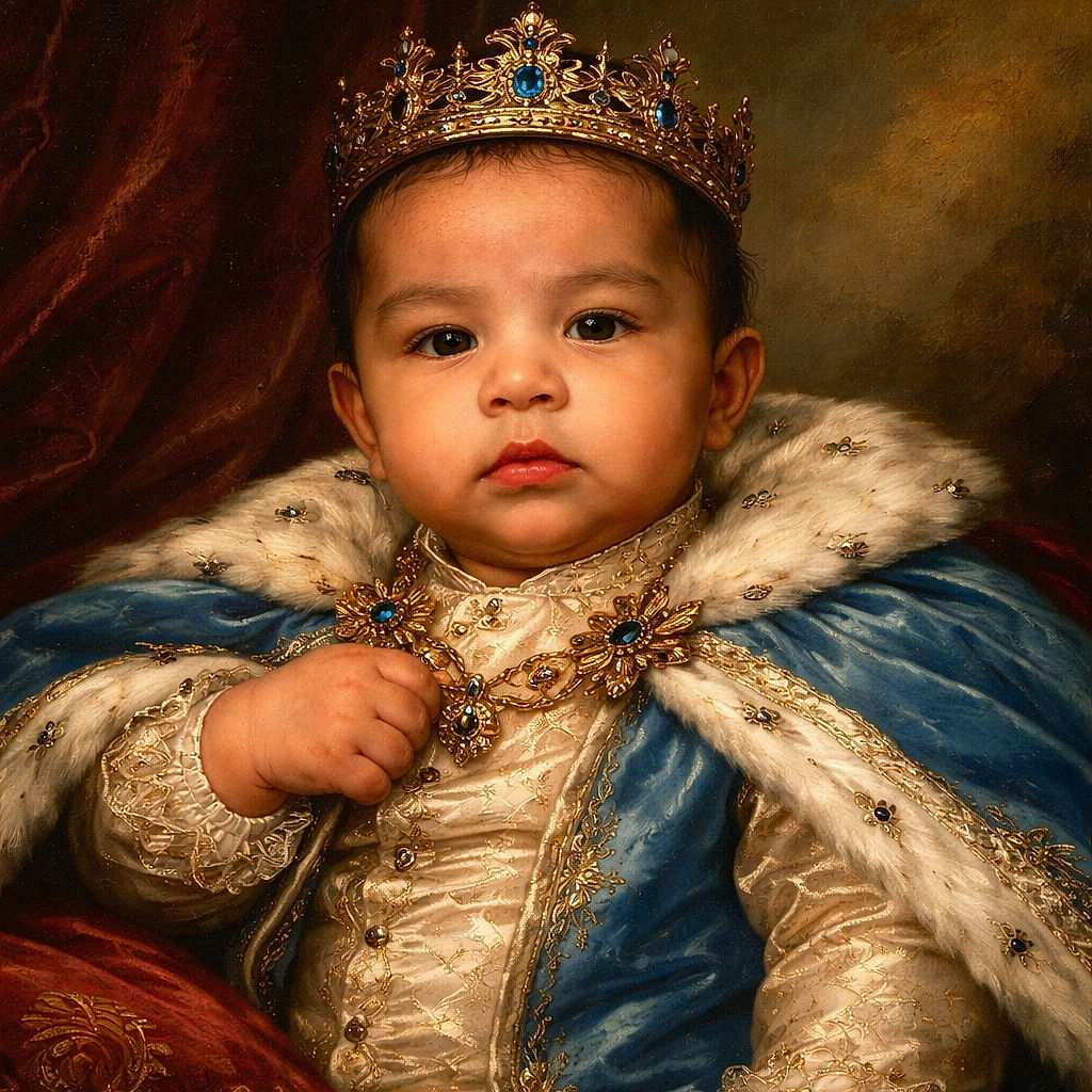 A tiny, serious-faced baby in a blue hoodie stares into the camera like a miniature weather anchor — chubby cheeks, glossy lips, and a grip on the hoodie that says 'I run this nap schedule.'