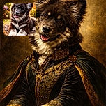 A fluffy, adorable dog with a big smile and sparkling eyes lounges on a bed of autumn leaves, surrounded by a magical golden bokeh that looks like fairy dust.