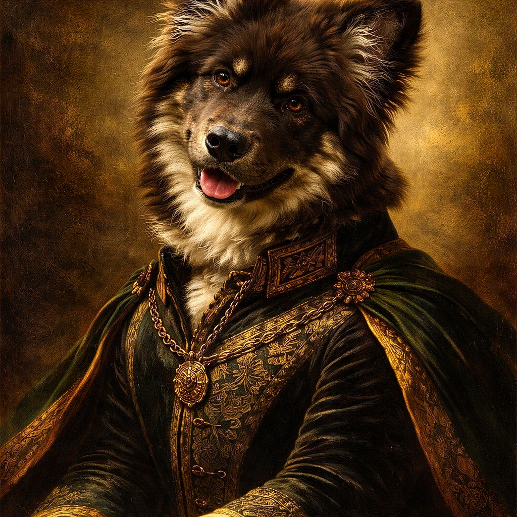 A fluffy, adorable dog with a big smile and sparkling eyes lounges on a bed of autumn leaves, surrounded by a magical golden bokeh that looks like fairy dust.