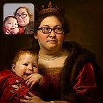 A cozy selfie featuring a smiling baby in a red outfit nestled against an adult with glasses, both sharing a quiet, warm moment indoors with a plain gray wall as the backdrop.