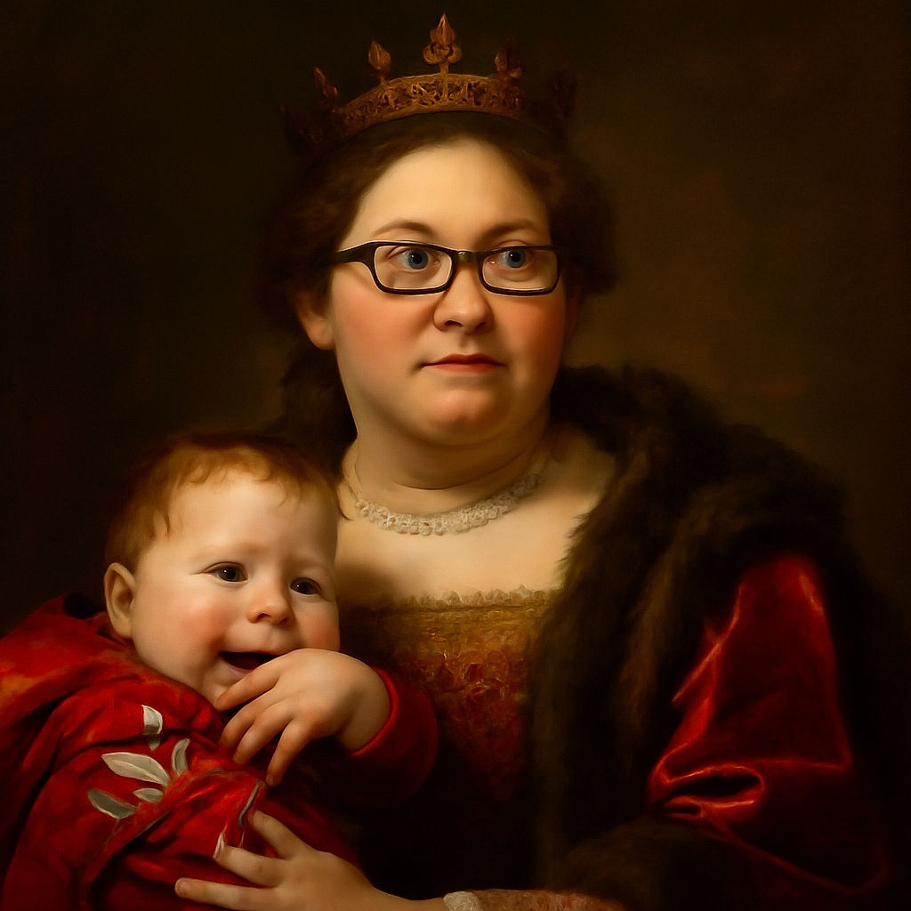 A cozy selfie featuring a smiling baby in a red outfit nestled against an adult with glasses, both sharing a quiet, warm moment indoors with a plain gray wall as the backdrop.