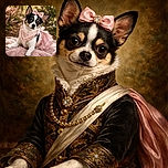 A charming little dog dressed to impress in a pink frilly dress and matching bow, posing adorably on a soft pink blanket with a dreamy garden backdrop. The pup's big eyes and tilted head add a touch of irresistible cuteness to this beautifully composed and warmly lit portrait.