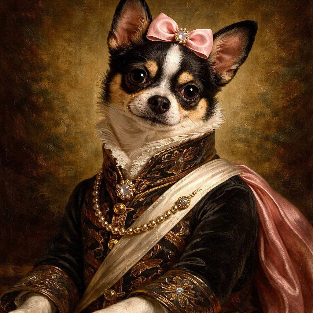 A charming little dog dressed to impress in a pink frilly dress and matching bow, posing adorably on a soft pink blanket with a dreamy garden backdrop. The pup's big eyes and tilted head add a touch of irresistible cuteness to this beautifully composed and warmly lit portrait.