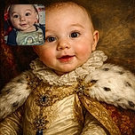 A wide-eyed, grinning baby stares straight at the camera with a tiny dimple of mischief, bundled in a colorful blanket and wearing a Toy Story onesie — Buzz and Woody happily photobomb the chest. Warm, cozy lighting and a touch of grain give the close-up a homey, candid feel.