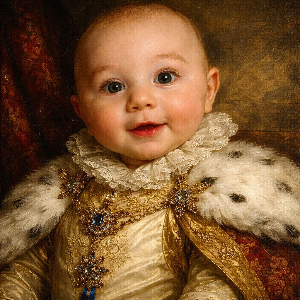 A wide-eyed, grinning baby stares straight at the camera with a tiny dimple of mischief, bundled in a colorful blanket and wearing a Toy Story onesie — Buzz and Woody happily photobomb the chest. Warm, cozy lighting and a touch of grain give the close-up a homey, candid feel.