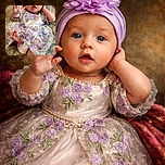 A curious baby dressed in a delicate floral dress and matching headband reaches out with wide eyes, sitting comfortably on a patterned cushion with a cozy background.
