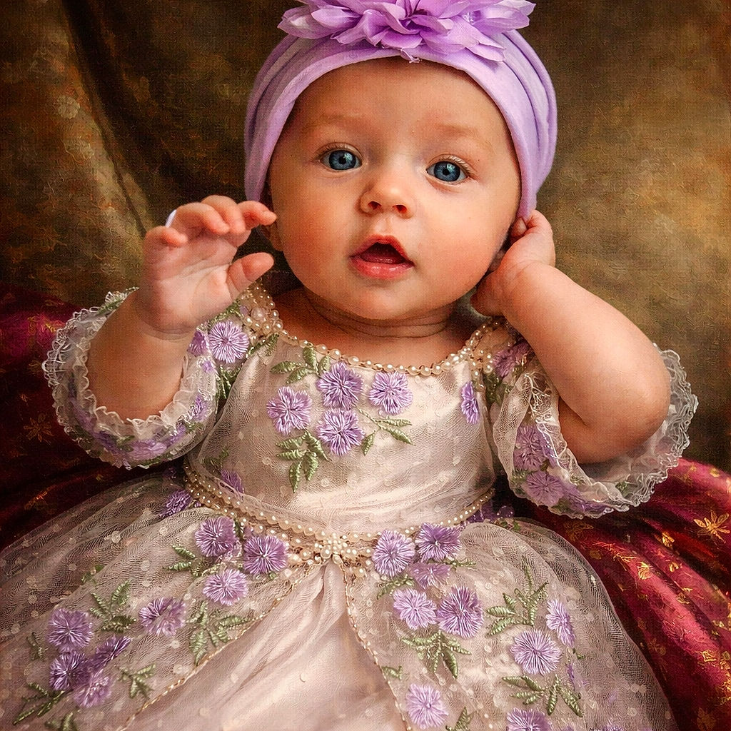 A curious baby dressed in a delicate floral dress and matching headband reaches out with wide eyes, sitting comfortably on a patterned cushion with a cozy background.