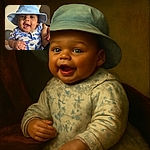 A joyful baby wearing a light blue bucket hat and a blue-and-white patterned shirt smiles widely while being held gently, with a cozy indoor background.