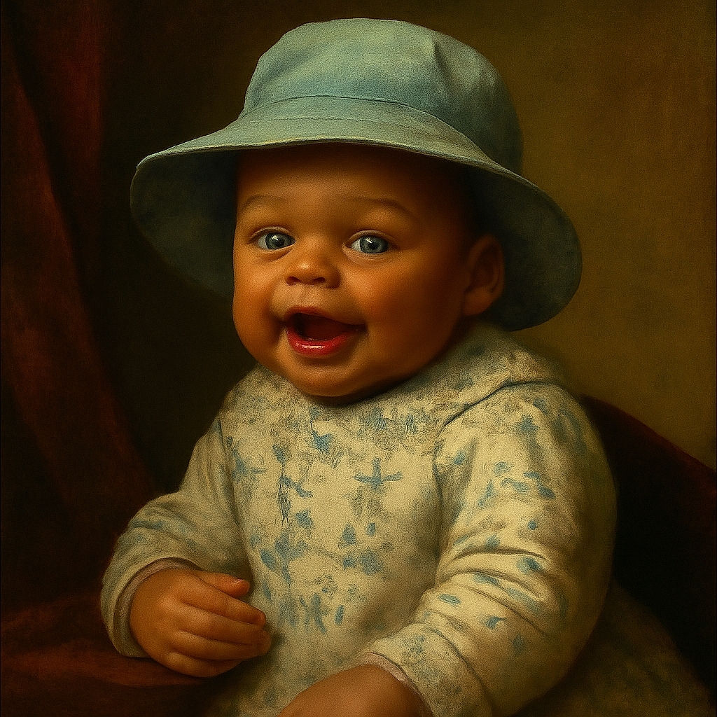 A joyful baby wearing a light blue bucket hat and a blue-and-white patterned shirt smiles widely while being held gently, with a cozy indoor background.