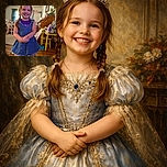 A cheerful young girl with braided hair beams widely in a cozy living room, wearing a purple shirt and denim dress. The background shows a lived-in space with furniture, plants, and household items scattered about, adding a warm, everyday charm.