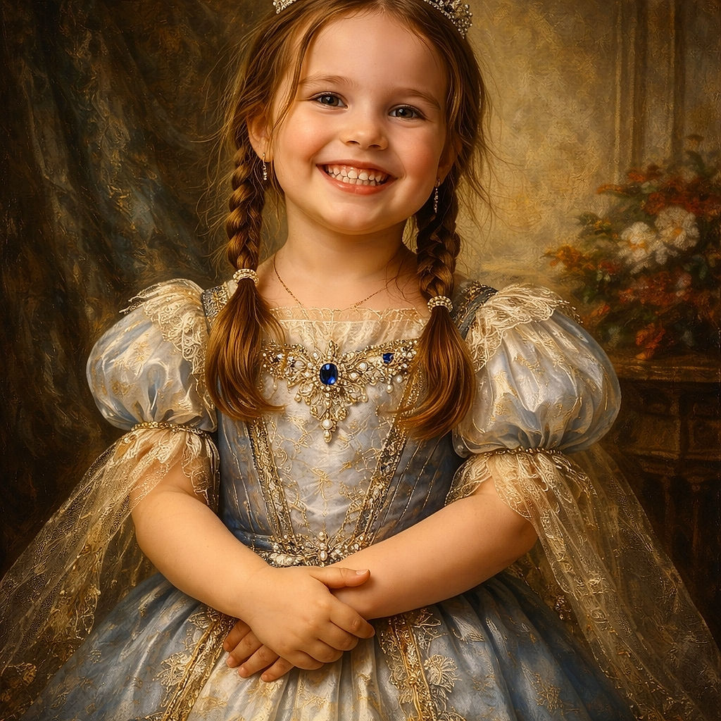 A cheerful young girl with braided hair beams widely in a cozy living room, wearing a purple shirt and denim dress. The background shows a lived-in space with furniture, plants, and household items scattered about, adding a warm, everyday charm.