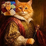 A fluffy orange cat with a serious expression lounges on a colorful checkered carpet, looking directly at the camera as if plotting its next mischievous adventure.
