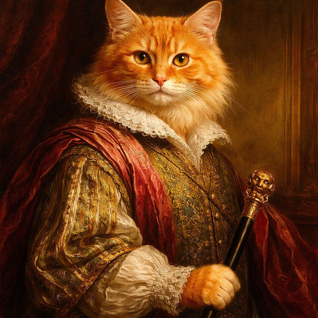 A fluffy orange cat with a serious expression lounges on a colorful checkered carpet, looking directly at the camera as if plotting its next mischievous adventure.