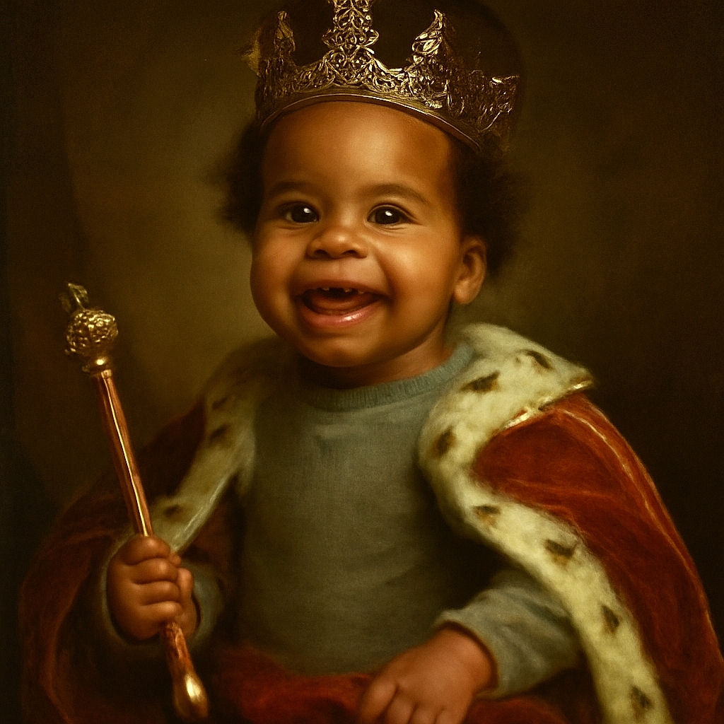 A joyful toddler with a big smile leans over the edge of a bathtub, wearing a cozy gray sweater, with a bright blue shower curtain and tiled wall in the background, capturing a candid and heartwarming moment.