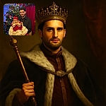 A joyful young man holding a baby dressed like a tiny Christmas princess in a fluffy red and cream dress, standing in front of a festively decorated Christmas tree with twinkling lights and ornaments, all wrapped up in holiday cheer.