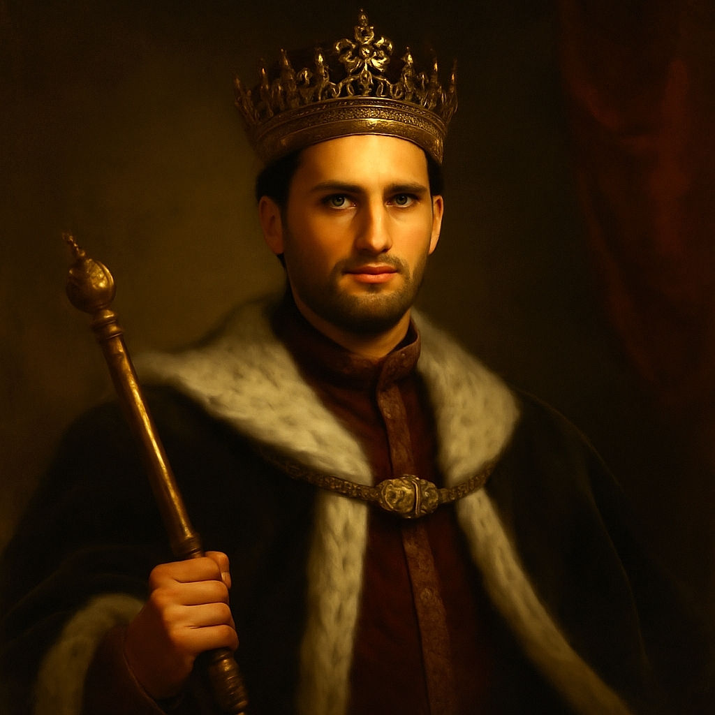 A joyful young man holding a baby dressed like a tiny Christmas princess in a fluffy red and cream dress, standing in front of a festively decorated Christmas tree with twinkling lights and ornaments, all wrapped up in holiday cheer.