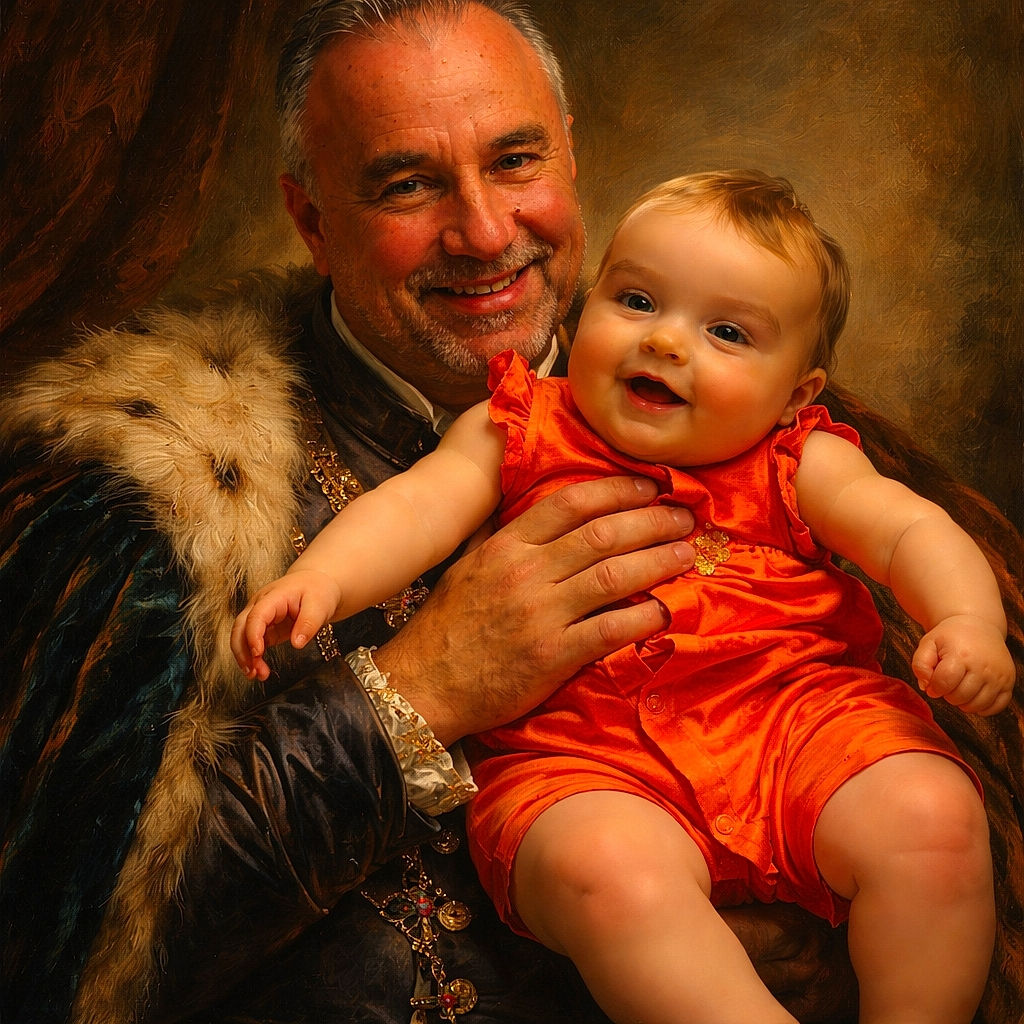 A joyful baby in a bright red outfit is being held up by a smiling man against a black background, capturing a warm and happy moment filled with love and playful energy.