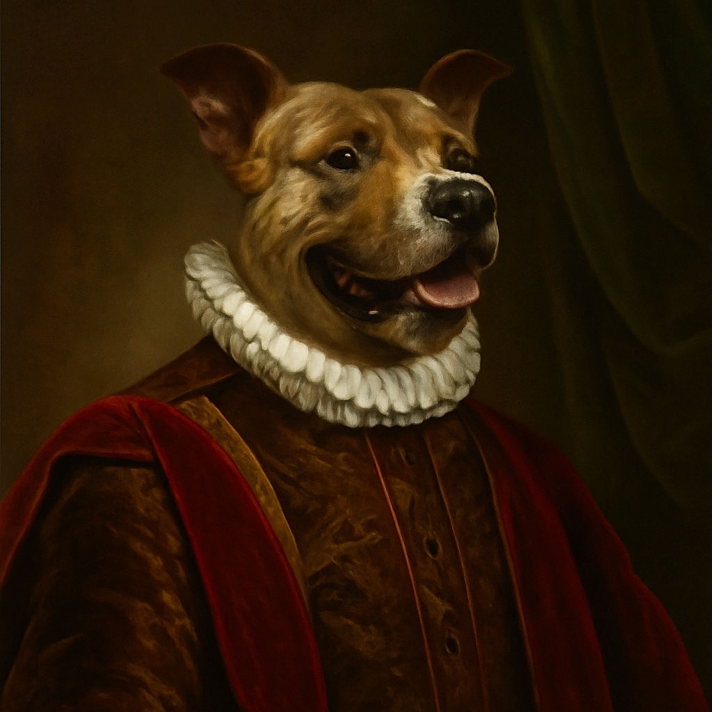 A happy dog with a maroon harness sits proudly on a sandy patch, tongue out and ears perked, surrounded by green trees and a few scattered outdoor items in the background under a clear blue sky.
