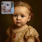 An adorable close-up of a baby with striking blue eyes and soft, delicate skin, wearing a pink outfit with strawberries, looking curiously at the camera with a gentle expression.