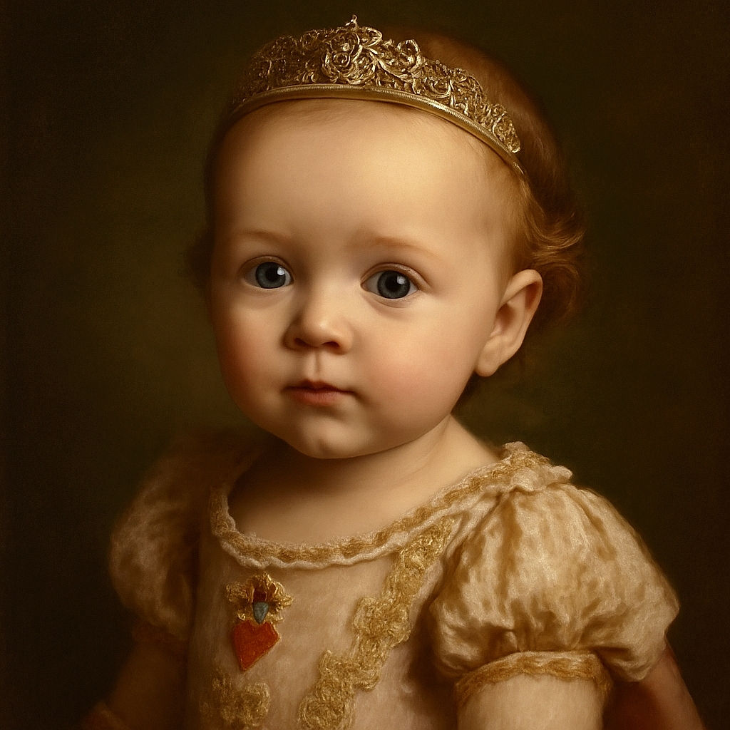 An adorable close-up of a baby with striking blue eyes and soft, delicate skin, wearing a pink outfit with strawberries, looking curiously at the camera with a gentle expression.