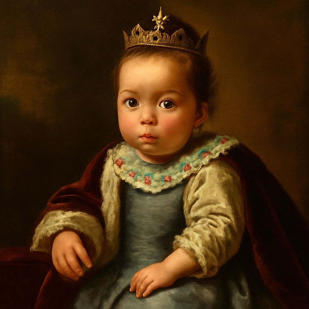 A curious toddler peeks over the back of a plush gray couch with wide, innocent eyes and a tiny topknot, set against a modern living room with a TV and stylish decor. The little one grips the couch like it's the front row at a concert of life.