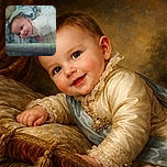 A smiling baby lying on a soft blue blanket with a bottle and plush toys nearby, looking curiously at the camera with a cozy and warm atmosphere.