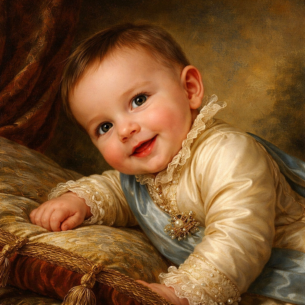 A smiling baby lying on a soft blue blanket with a bottle and plush toys nearby, looking curiously at the camera with a cozy and warm atmosphere.