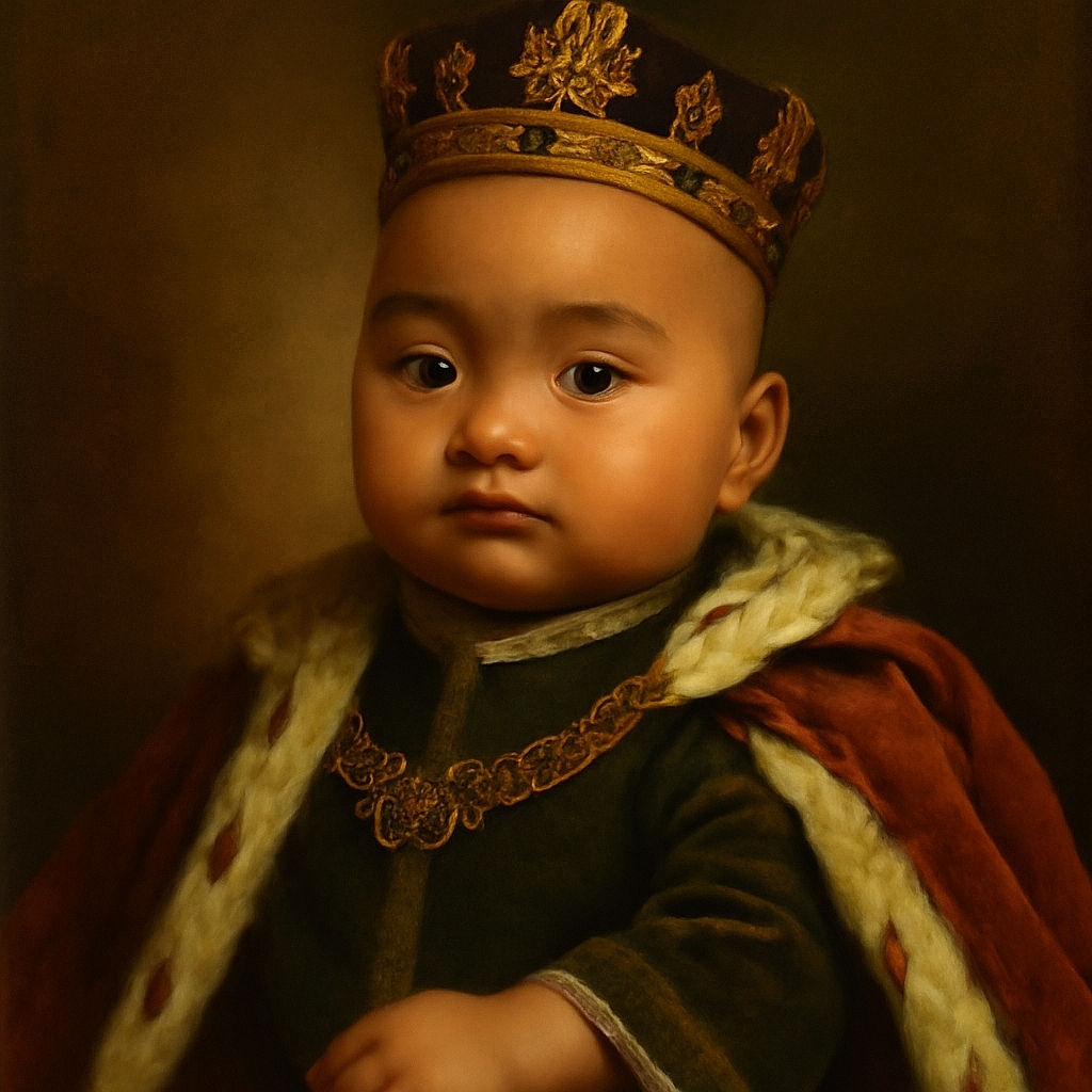 A chubby baby floating peacefully in a bath, with water ripples creating a soft, dreamy background. The baby looks calm and contemplative, with a subtle shadow adding a touch of mystery.