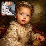 A curious toddler with striking blue eyes and curly hair is sitting in a car seat, looking over the shoulder with a mix of innocence and wonder, dressed in a colorful floral sweater and cozy pink leggings.