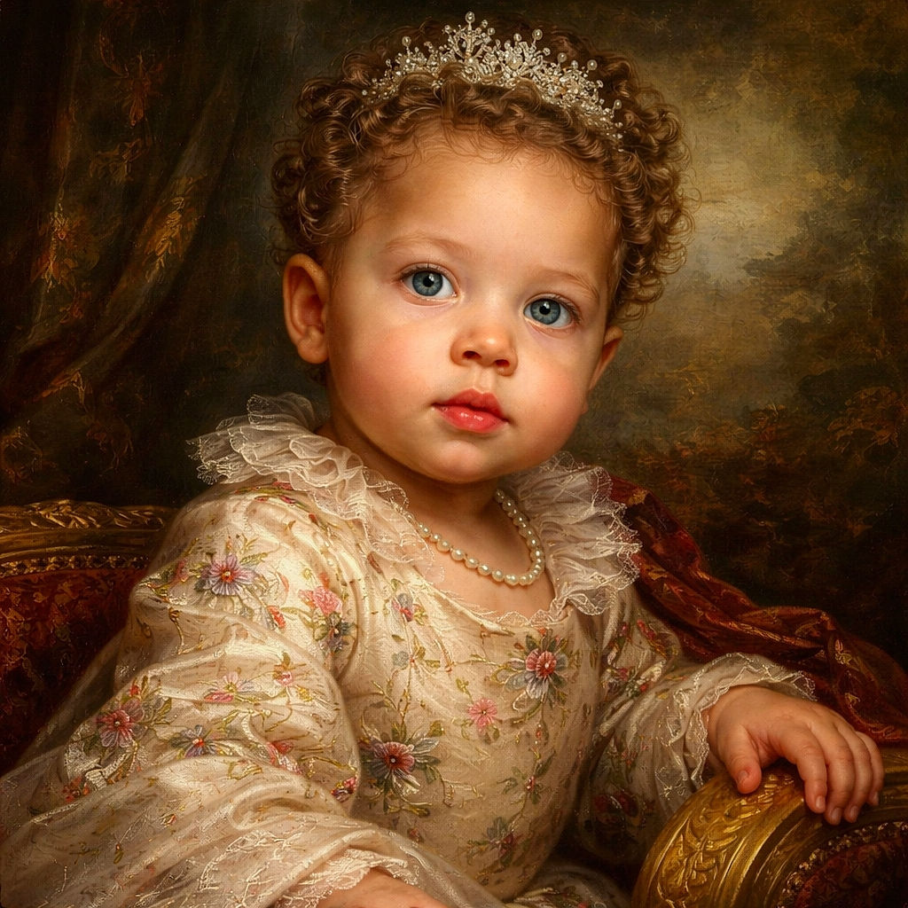 A curious toddler with striking blue eyes and curly hair is sitting in a car seat, looking over the shoulder with a mix of innocence and wonder, dressed in a colorful floral sweater and cozy pink leggings.