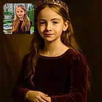 A charming young girl with long blonde hair smiles sweetly in front of a picturesque castle garden backdrop, wearing a rich burgundy velvet dress that adds a royal touch to the fairytale scene.