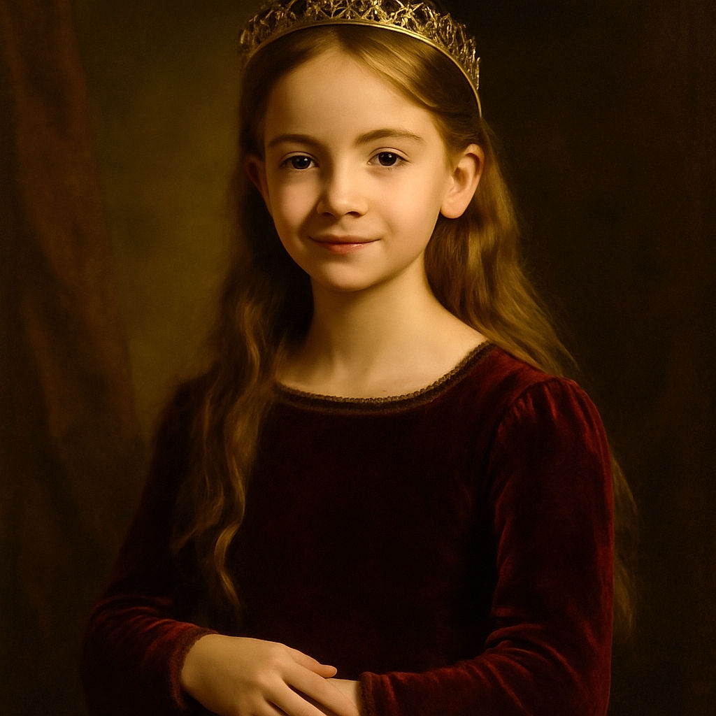 A charming young girl with long blonde hair smiles sweetly in front of a picturesque castle garden backdrop, wearing a rich burgundy velvet dress that adds a royal touch to the fairytale scene.