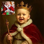 A cheerful baby dressed in a festive red and white Santa-themed outfit smiles brightly while sitting among plush holiday toys, with a cozy gingerbread and candy cane patterned blanket in the background.