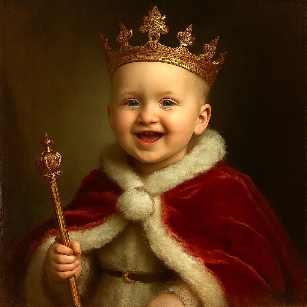 A cheerful baby dressed in a festive red and white Santa-themed outfit smiles brightly while sitting among plush holiday toys, with a cozy gingerbread and candy cane patterned blanket in the background.