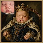 A peacefully sleeping baby fills the frame like a tiny royal napping on a very serious throne, with rosy cheeks, button nose, and a perfectly pouty expression worthy of a miniature mugshot.