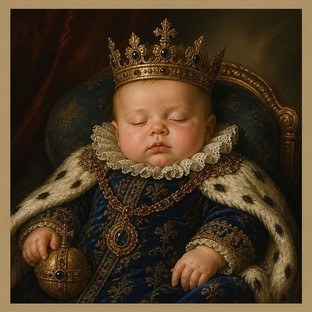 A peacefully sleeping baby fills the frame like a tiny royal napping on a very serious throne, with rosy cheeks, button nose, and a perfectly pouty expression worthy of a miniature mugshot.