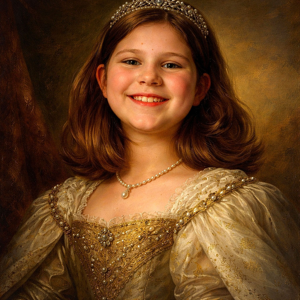 A cheerful child selfie taken from a low angle — big smile, playful double chin, and warm wood-paneled ceiling with a ceiling fan looming overhead. The lighting is soft and a bit dim, giving the photo a cozy, candid vibe that screams 'bedroom selfie hour.'