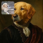 A serene golden retriever lounges on a patchy lawn basking in soft sunlight, surrounded by garden greenery. The dog looks thoughtfully into the distance while a playful turquoise text overlay at the bottom right cheekily reads 'laissez moi tranquille' with an arrow pointing at the pup's paw, adding a humorous touch of canine demand for peace.