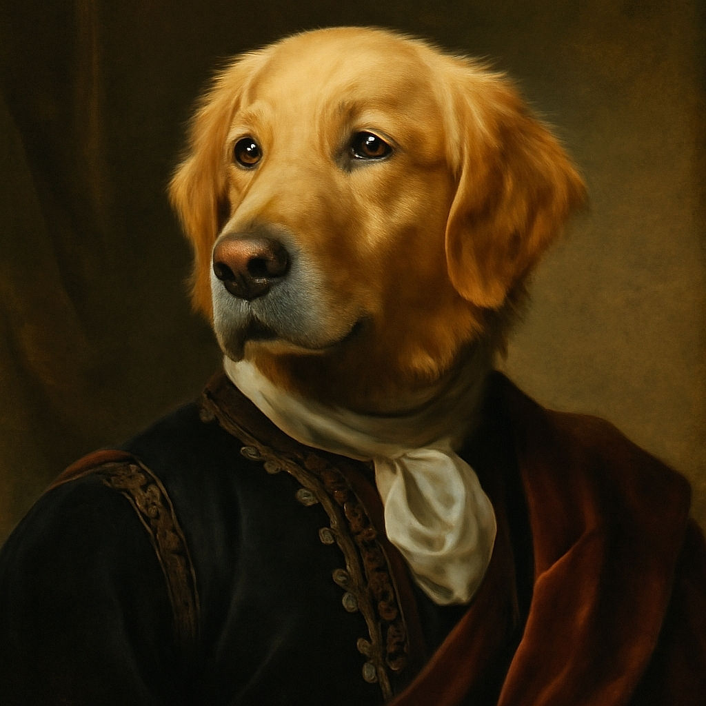 A serene golden retriever lounges on a patchy lawn basking in soft sunlight, surrounded by garden greenery. The dog looks thoughtfully into the distance while a playful turquoise text overlay at the bottom right cheekily reads 'laissez moi tranquille' with an arrow pointing at the pup's paw, adding a humorous touch of canine demand for peace.