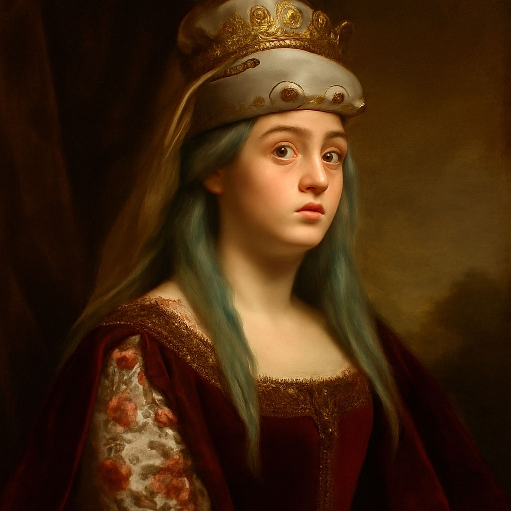 A thoughtful young person with pastel green hair wears a large, plush purple hat with a cute face, sitting indoors with a cluttered background, looking off to the side with a calm expression.