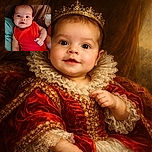 A cute baby in a bright red outfit is lying down, looking curiously at the camera with wide eyes and a slight smile, while holding an adult's finger. The background is a textured brown blanket with a soft teal fabric on the side.