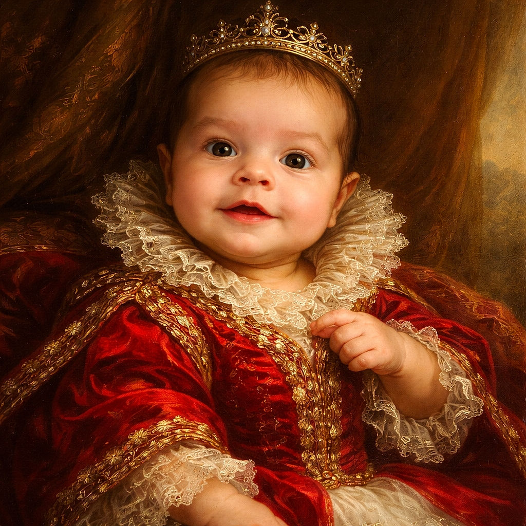A cute baby in a bright red outfit is lying down, looking curiously at the camera with wide eyes and a slight smile, while holding an adult's finger. The background is a textured brown blanket with a soft teal fabric on the side.